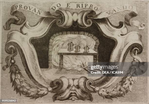 Provando e riprovando , motto of the Accademia del Cimento, illustrated frontispiece, copperplate engraving from Saggi di naturali esperienze fatte...