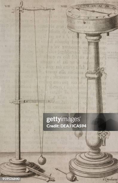 Instrument used to investigate the effect of string length on pendulum period , Pendulum clock , copperplate engraving from Saggi di naturali...