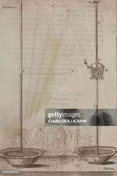 Torricelli's experiment , Roberval's experiment of the void within a void , copperplate engraving from Saggi di naturali esperienze fatte...
