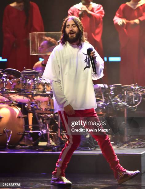 Jared Leto of Thirty Seconds to Mars performs on stage during The CW Network's 2018 upfront at New York City Center on May 17, 2018 in New York City.