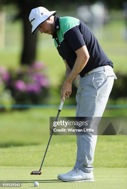 Ryan Evans of England putts on the 9th green during the first round of the Belgian Knockout at the Rinkven International Golf Club on May 17, 2018 in...