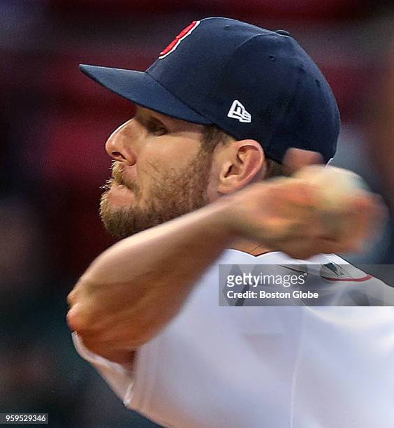 Boston Red Sox starting pitcher Chris Sale fires a pitch. The Boston Red Sox host the Oakland Athletics in a regular season MLB baseball game at...