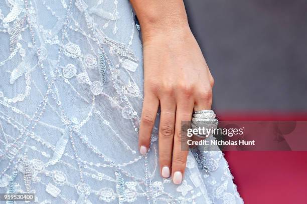 Rose Bertram, ring detail, attends the screening of "Capharnaum" during the 71st annual Cannes Film Festival at Palais des Festivals on May 17, 2018...