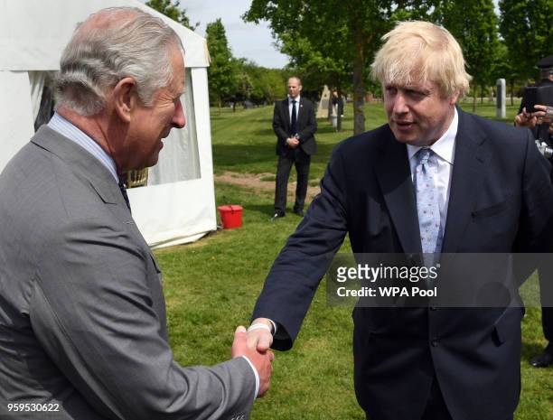 Prince Charles, Prince of Wales chats with Foreign Secretary, Boris Johnson following the dedication service for the National Memorial to British...