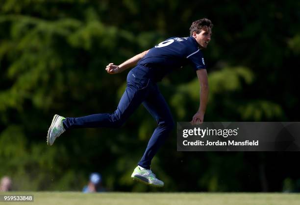 Steven Finn of Middlesex bowls during the Royal London One-Day Cup match between Middlesex and Essex at Radlett Cricket Club on May 17, 2018 in...