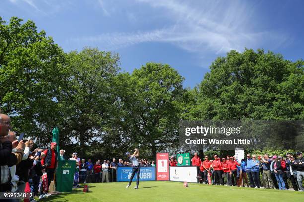 Thomas Pieters of Belgium takes his shot off the 1st tee during the first round of the Belgian Knockout at the Rinkven International Golf Club on May...