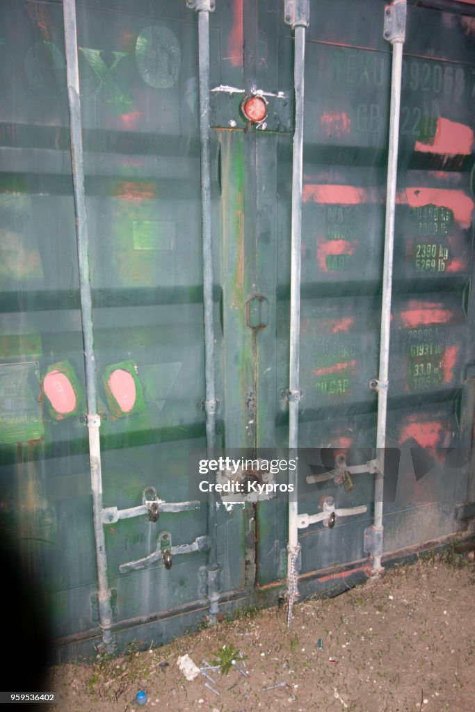 Europe, Greece, Rhodes Island, 2017: View Of Padlocked Steel Shipping Container