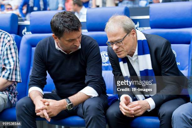 May 12: Manager Christian Heidel of Schalke speaks with Peter Peters of Schalke prior to the Bundesliga match between FC Schalke 04 and Eintracht...