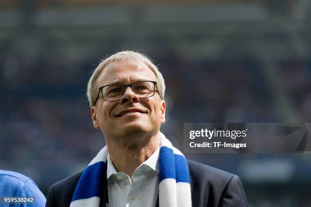 May 12: Peter Peters of Schalke laughs prior to the Bundesliga match between FC Schalke 04 and Eintracht Frankfurt at Veltins Arena on May 12, 2018...