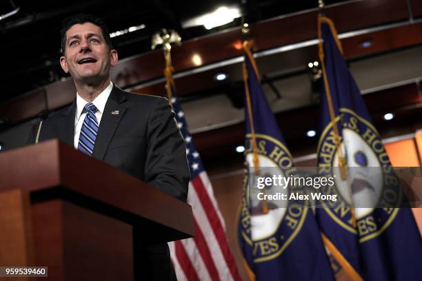 Speaker of the House Rep. Paul Ryan speaks during a weekly news conference May 17, 2018 on Capitol Hill in Washington, DC. Ryan held his weekly news...