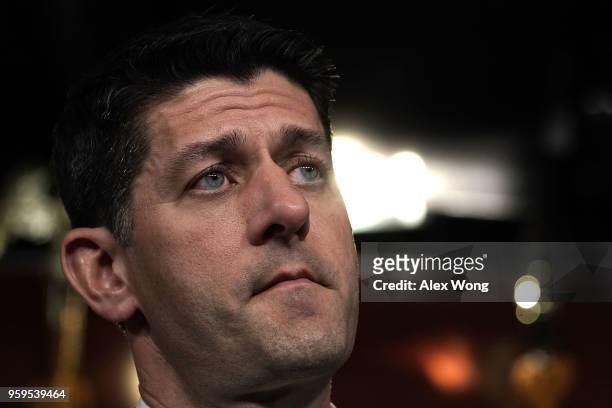 Speaker of the House Rep. Paul Ryan pauses during a weekly news conference May 17, 2018 on Capitol Hill in Washington, DC. Ryan held his weekly news...