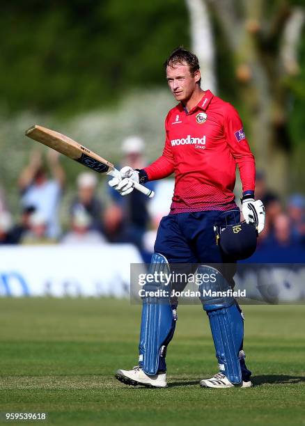 Tom Westley of Essex celebrates his century during the Royal London One-Day Cup match between Middlesex and Essex at Radlett Cricket Club on May 17,...