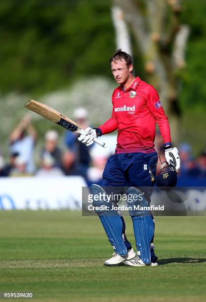 Tom Westley of Essex celebrates his century during the Royal London One-Day Cup match between Middlesex and Essex at Radlett Cricket Club on May 17,...