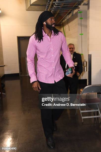 Nene Hilario of the Houston Rockets arrives before Game One of the Western Conference Finals against the Golden State Warriors during the 2018 NBA...