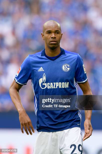 May 12: Naldo of Schalke looks on during the Bundesliga match between FC Schalke 04 and Eintracht Frankfurt at Veltins Arena on May 12, 2018 in...