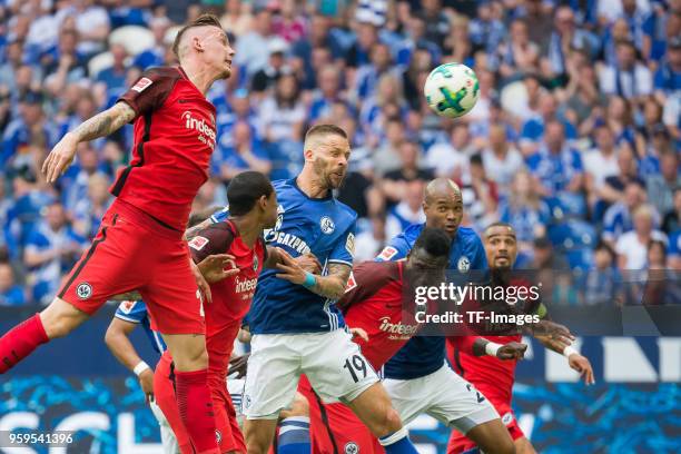 May 12: Guido Burgstaller of Schalke scores the team`s first goal during the Bundesliga match between FC Schalke 04 and Eintracht Frankfurt at...