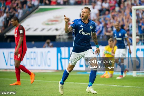 May 12: Guido Burgstaller of Schalke celebrates after scoring his team`s first goal during the Bundesliga match between FC Schalke 04 and Eintracht...