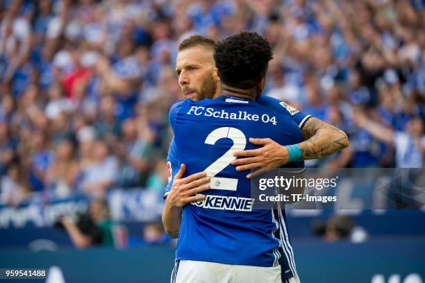 May 12: Guido Burgstaller of Schalke celebrates after scoring his team`s first goal with Weston McKennie of Schalke during the Bundesliga match...