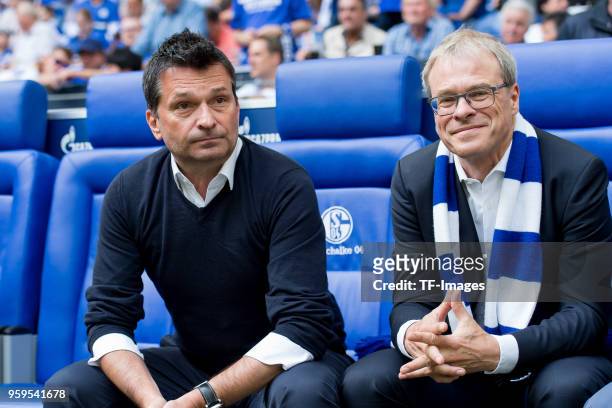 May 12: Manager Christian Heidel of Schalke and Peter Peters of Schalke look on prior to the Bundesliga match between FC Schalke 04 and Eintracht...