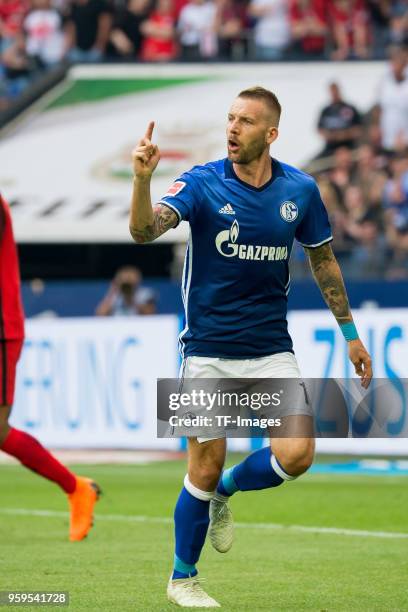 May 12: Guido Burgstaller of Schalke celebrates after scoring his team`s first goal during the Bundesliga match between FC Schalke 04 and Eintracht...