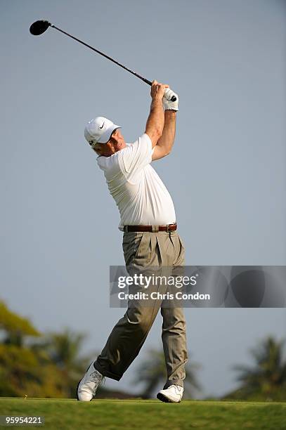 Curtis Strange tees off on during the first round of the Mitsubishi Electric Championship at Hualalai held at Hualalai Golf Club on January 22, 2010...