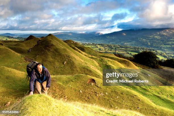 hiker in the llangattock escarpment quarries in the  brecon beacons national park, wales - crickhowell stockfoto's en -beelden