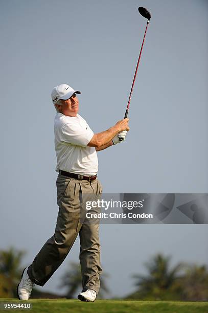 Curtis Strange tees off on during the first round of the Mitsubishi Electric Championship at Hualalai held at Hualalai Golf Club on January 22, 2010...