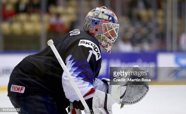 Keith Kinkaid, goaltender of the United States tend net against Czech Republic during the 2018 IIHF Ice Hockey World Championship Quarter Final game...