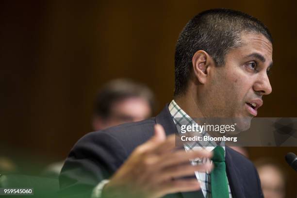 Ajit Pai, chairman of the Federal Communications Commission , speaks during a Senate Appropriations Subcommittee hearing in Washington, D.C., U.S.,...