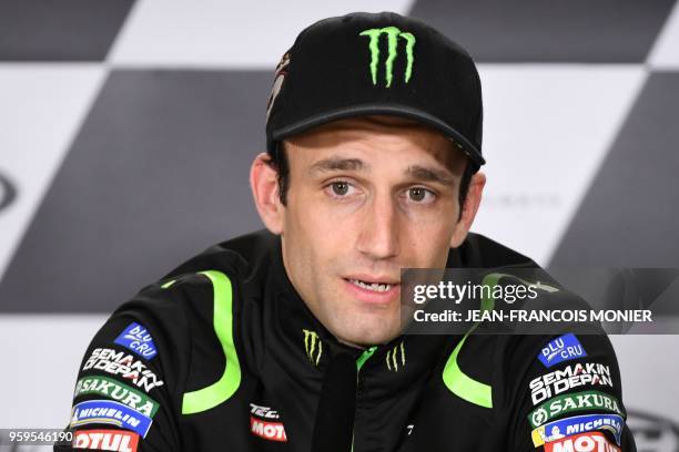 Monster Yamaha Tech 3's French rider Johann Zarco speaks during a press conference before a motoGP free practice session, ahead of the French...