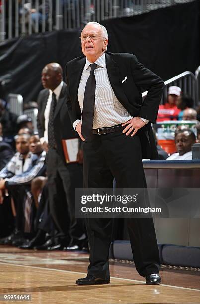 Head coach Larry Brown of the Charlotte Bobcats disputes a call during the game against the Atlanta Hawks on January 22, 2010 at Philips Arena in...