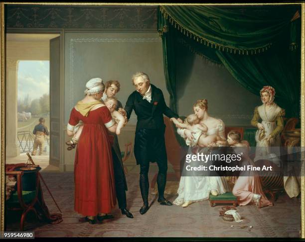 Alibert vaccinating a child against smallpox at the Chateau de Liancourt 1820, Desbordes Constant , Musee De L Public Assistance of Paris, France,.