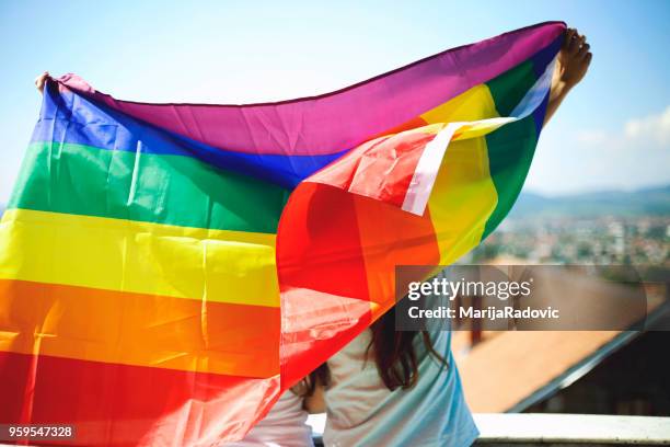 lgbt-lesbisches paar momente glück konzept. regenbogenfahne halten im freien - marijaradovic stock-fotos und bilder