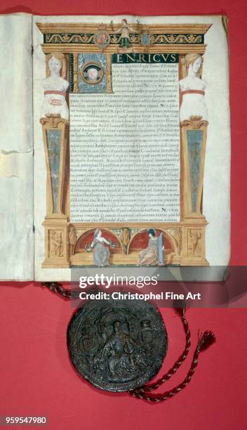Ratification of the slave trade between Henry VIII and Francois I front: Henry VIII of England, French Art, National Archives in Paris, France,.