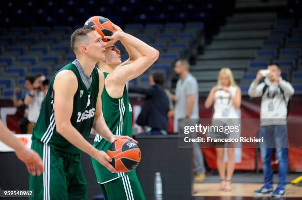 Paulius Jankunas, #13 of Zalgiris Kaunas and Gytis Masiulis, #20 of Zalgiris during the 2018 Turkish Airlines EuroLeague F4 Zalgiris Kaunas Official...