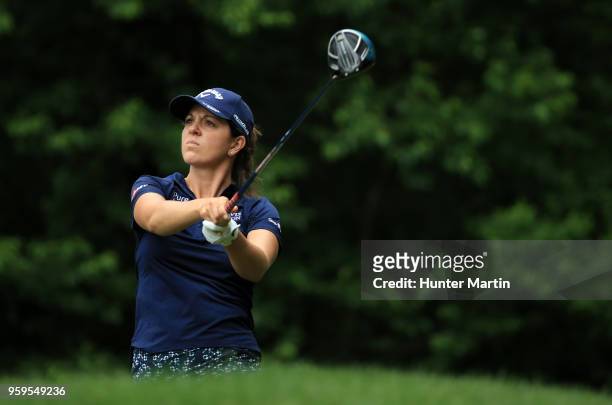 Emma Talley watches her tee shot on the sixth hole during the first round of the Kingsmill Championship presented by Geico on the River Course at...