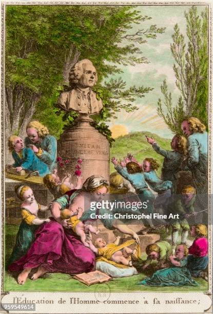 The education of man begins at birth, tribute to Jean-Jacques Rousseau , Engraving, private collection,, France.