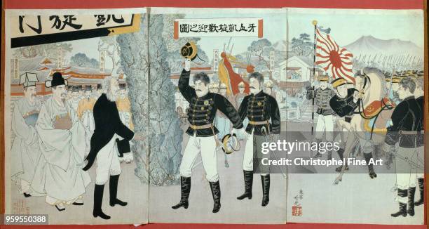 Meeting between the old Japan and the new Japan 1895, estampe, private collection,, Japan.