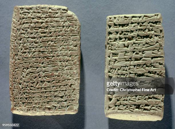 Paleo Assyrian tablets left and paleo Babylonian cuneiform writing right , Oriental Art, private collection,, East, Assyria.