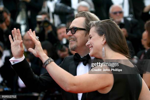 Gary Oldman and wife Gisele Schmidt attend the screening of "Capharnaum" during the 71st annual Cannes Film Festival at Palais des Festivals on May...