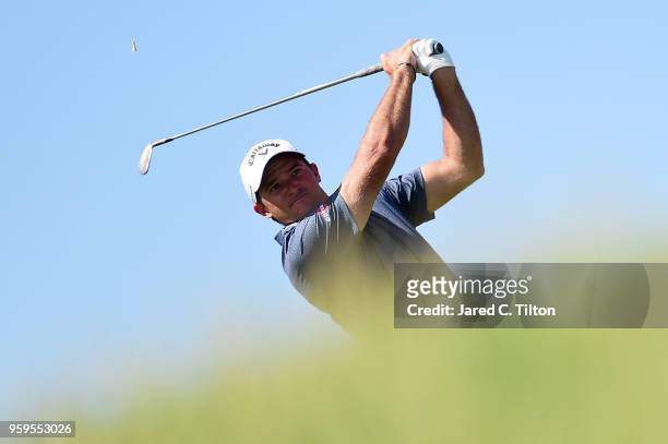 Sam Saunders plays his tee shot on the 12th hole during the first round of the AT&T Byron Nelson at Trinity Forest Golf Club on May 17, 2018 in...