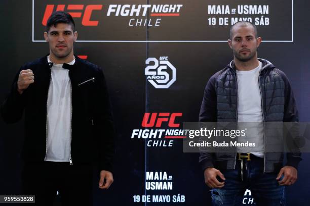 Welterweight fighters Vicente Luque of the United States and Chad Laprise of Canada face off during Ultimate Media Day on May 17, 2018 in Santiago,...