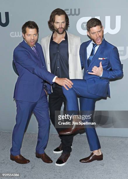 Actors Misha Collins, Jared Padalecki and Jensen Ackles attend the 2018 CW Network Upfront at The London Hotel on May 17, 2018 in New York City.