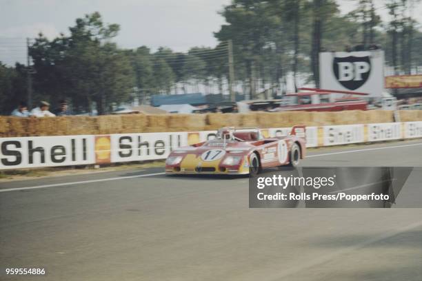 View of the Autodelta SpA Alfa Romeo Tipo 33TT3 racing car driven by Vic Elford of Great Britain and Helmut Marko of Austria competing to finish in...