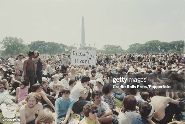 View of anti Vietnam War demonstrators protesting in the National Mall in front of the Washington Monument during a march to protest against the Kent...