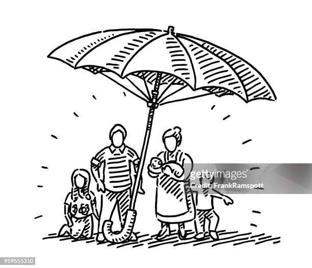 stockillustraties, clipart, cartoons en iconen met paraplu familie bescherming concept tekening - white and black women and umbrella