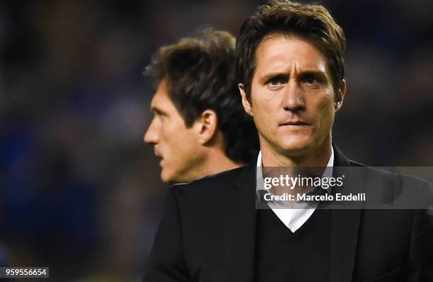 Guillermo Barros Schelotto coach of Boca Juniors and assistant Gustavo Barros Schelotto look on during a match between Boca Juniors and Alianza Lima...