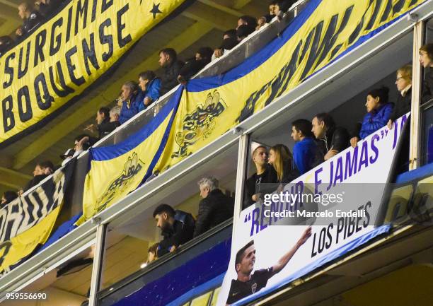 Fans of Boca Juniors display a flag in support of Fernando Gago during a match between Boca Juniors and Alianza Lima at Alberto J. Armando Stadium on...