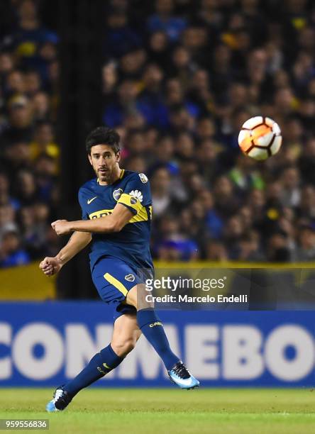 Pablo Perez of Boca Juniors kicks the ball during a match between Boca Juniors and Alianza Lima at Alberto J. Armando Stadium on May 16, 2018 in La...