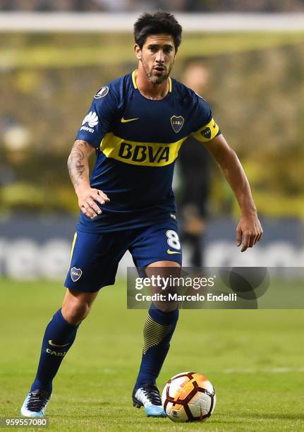 Pablo Perez of Boca Juniors drives the ball during a match between Boca Juniors and Alianza Lima at Alberto J. Armando Stadium on May 16, 2018 in La...